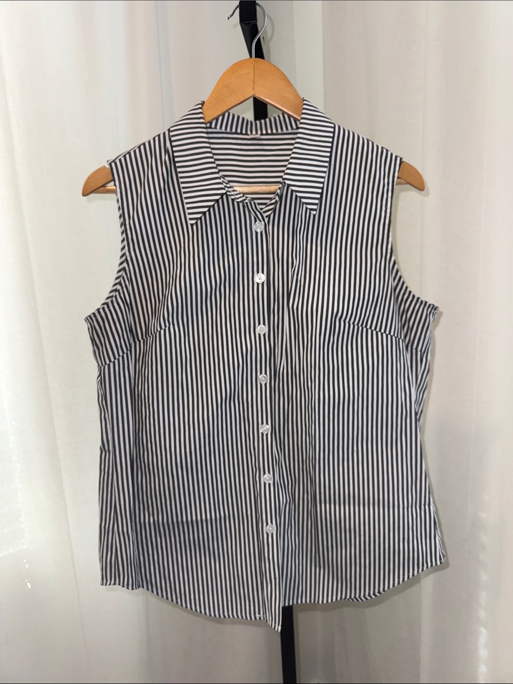 Sleeveless Black & White Striped Button-Down Shirt